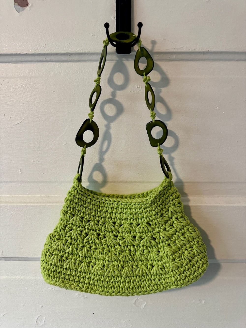 Green Crochet Shoulder Bag with Decorative Strap